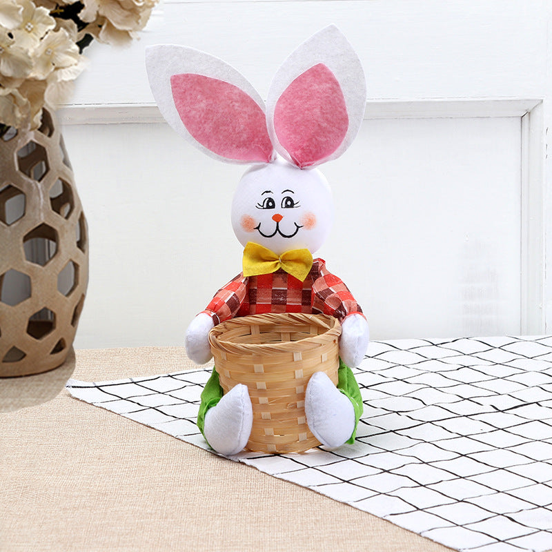 Plush bunny toy with a basket on a white and beige checkered surface